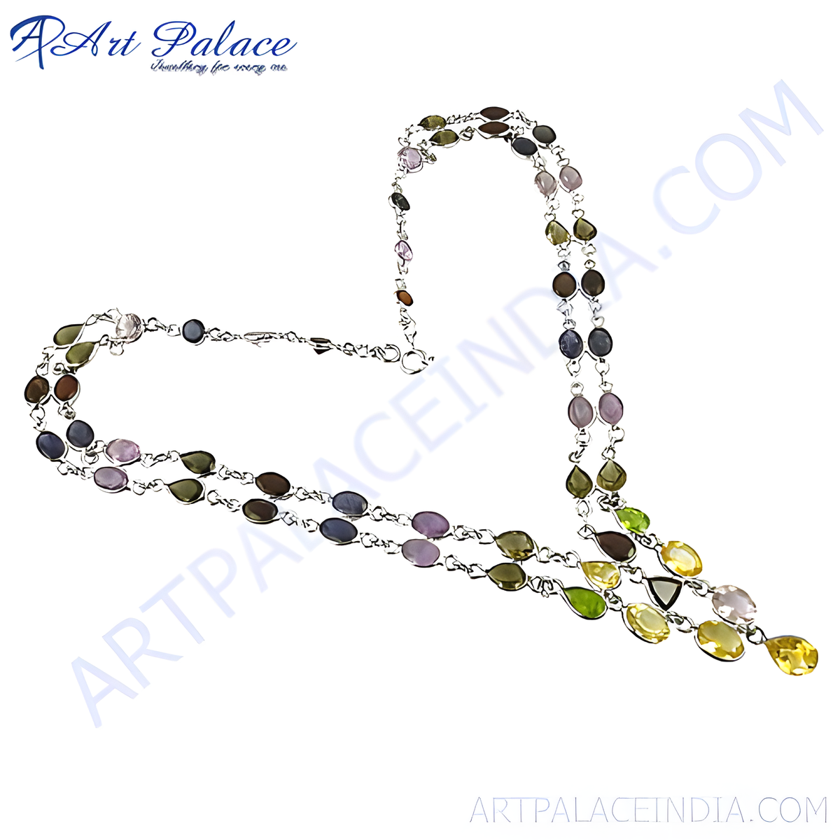 925 sterling silver beaded necklace with multi colored gemstones on a white background