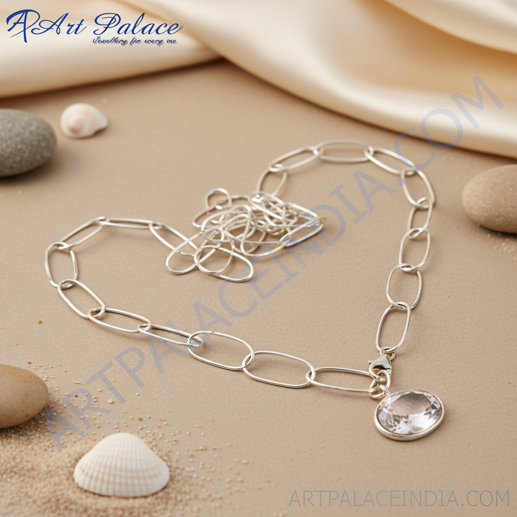 Silver chain necklace with oval pendant for women