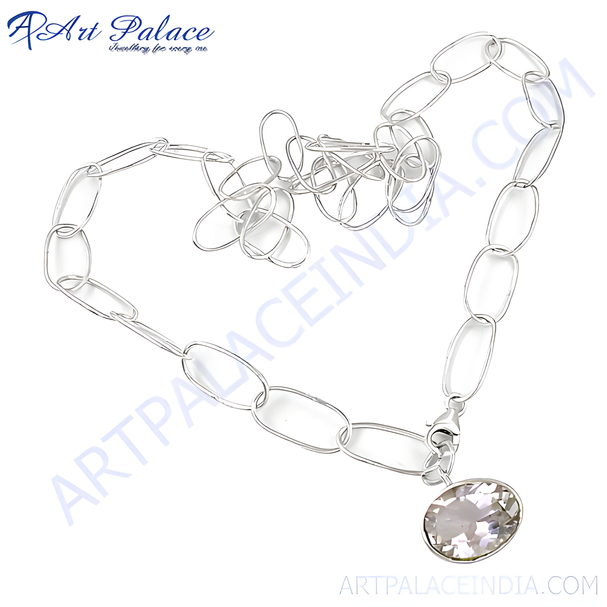 Sterling silver chain necklace with an oval pendant featuring a clear gemstone for women