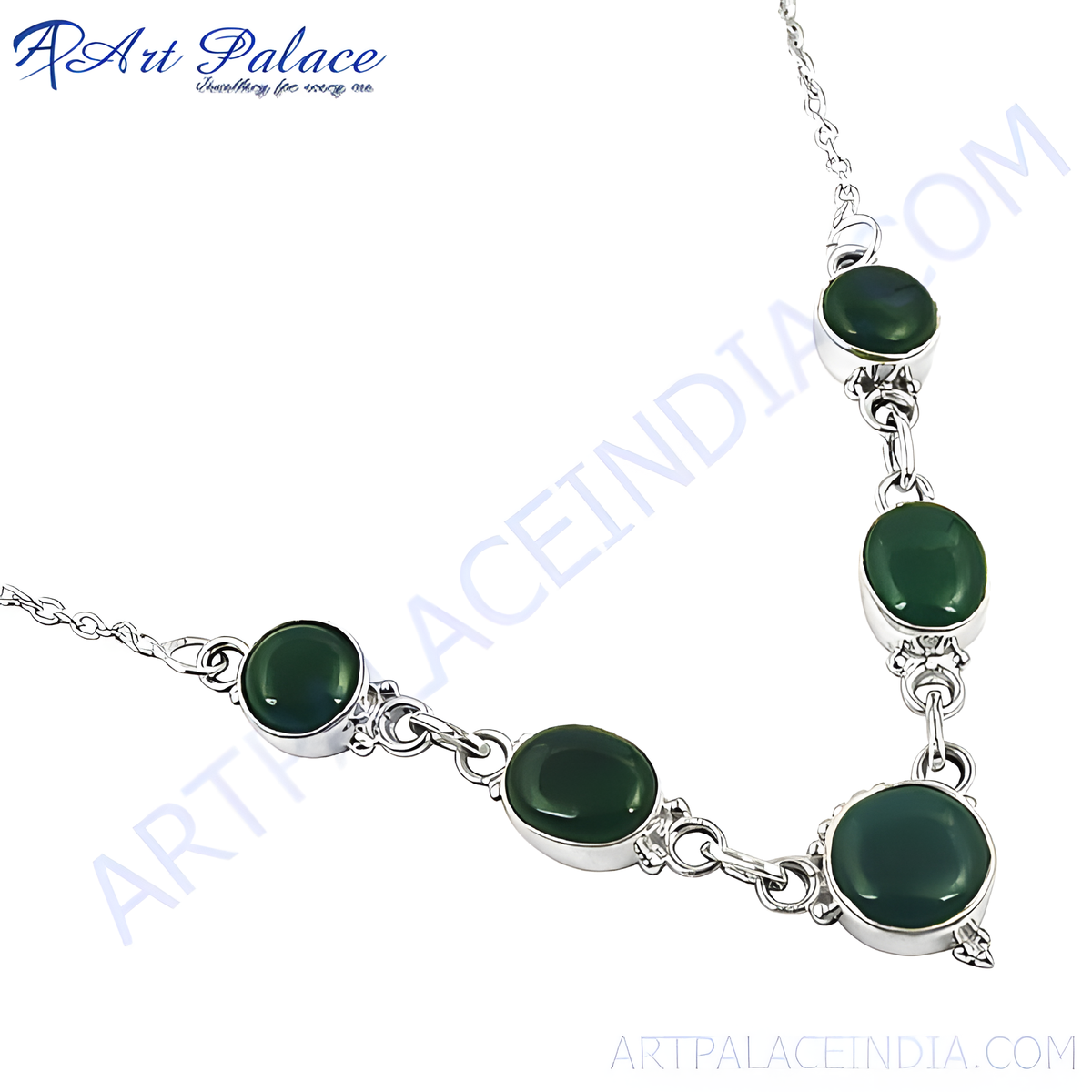 925 sterling silver necklace with oval shaped green onyx gemstones, a beautiful piece of jewelry for women