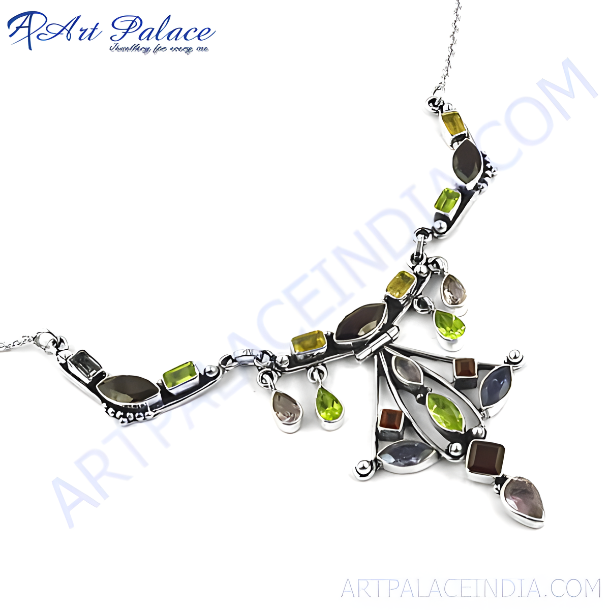 Sterling silver gemstone necklace featuring colorful gemstones in a unique design, perfect for women