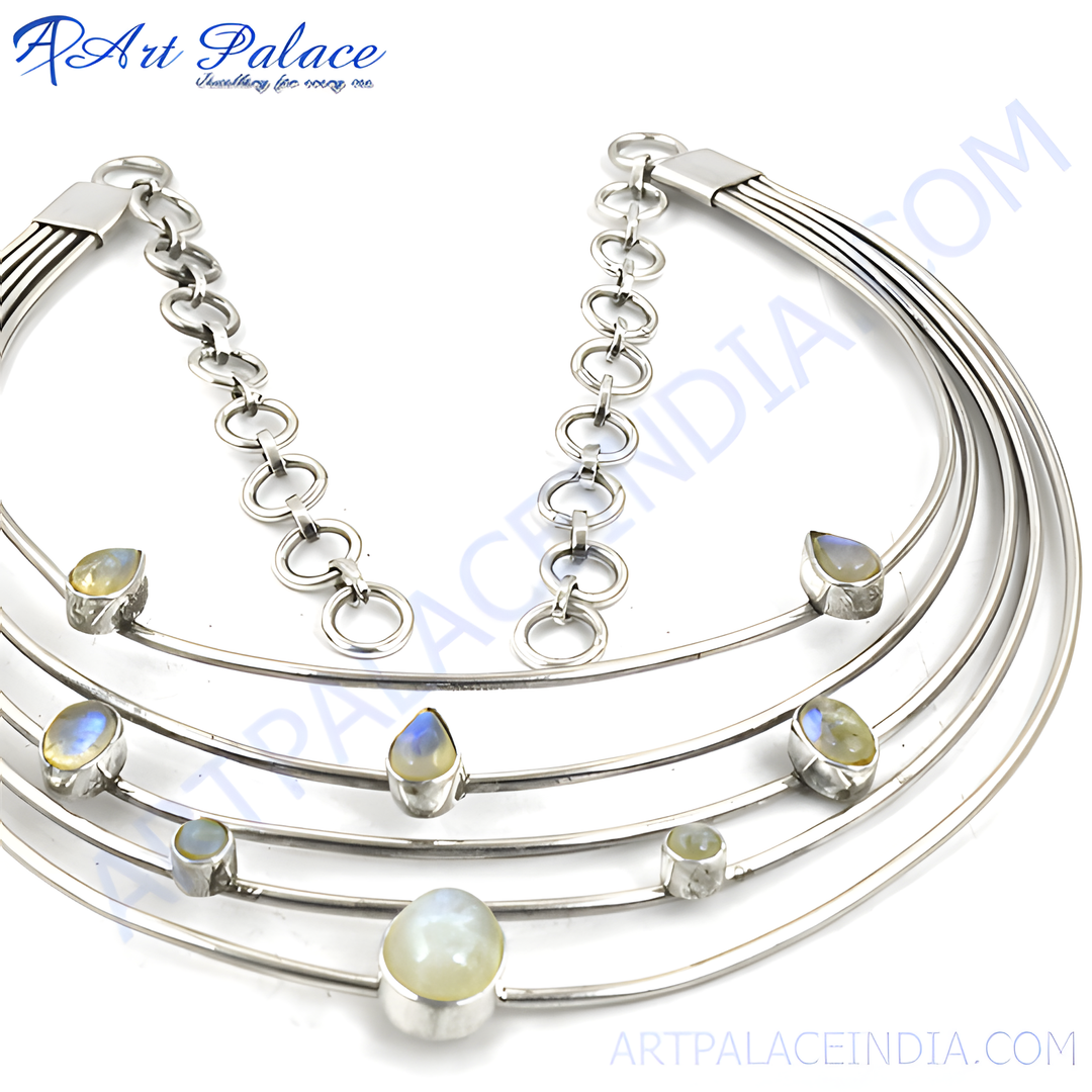 Sterling silver multi-strand choker necklace with pear and round moonstone gemstones.