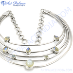 Load image into Gallery viewer, Sterling silver multi-strand choker necklace with pear and round moonstone gemstones.
