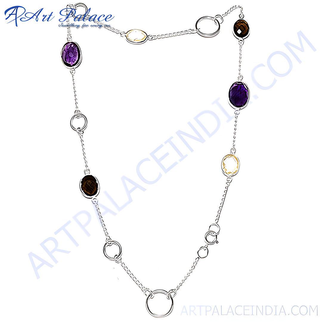 Sterling silver necklace with amethyst, smoky quartz and citrine gemstones, perfect for any occasion.
