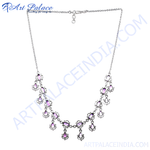 Load image into Gallery viewer, 925 sterling silver necklace with amethyst teardrop gemstones, purple stones and elegant design.
