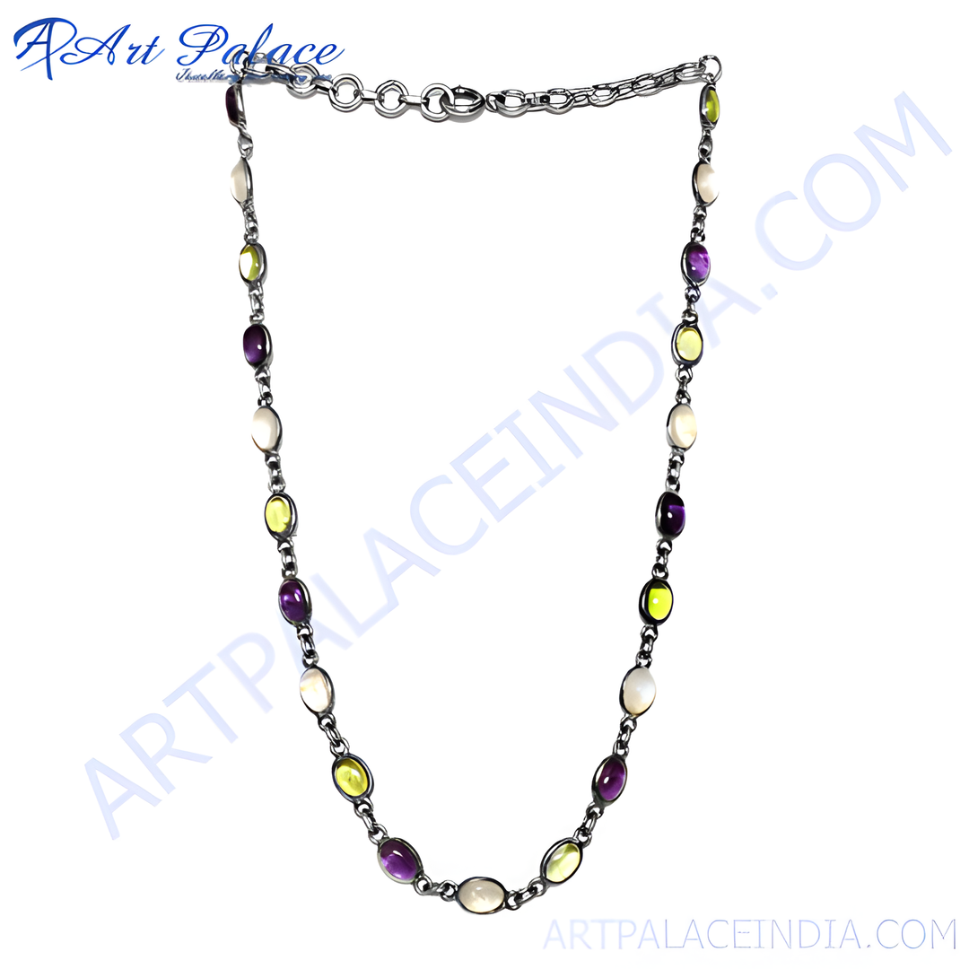 Silver chain necklace with alternating amethyst, mother of pearl, and citrine gemstones, perfect for daily wear.