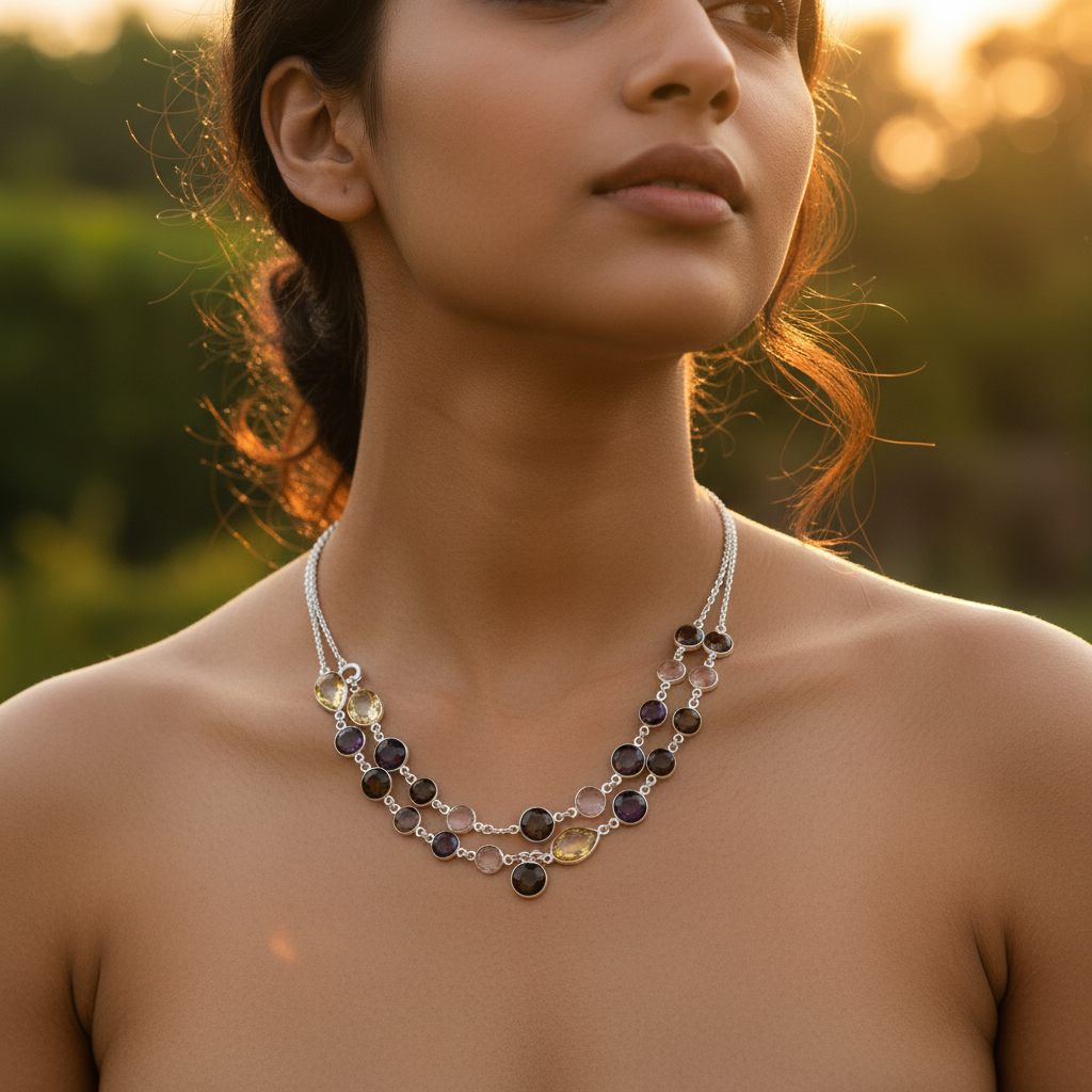 925 Silver Gemstone Station Necklace for Women | Daily Wear