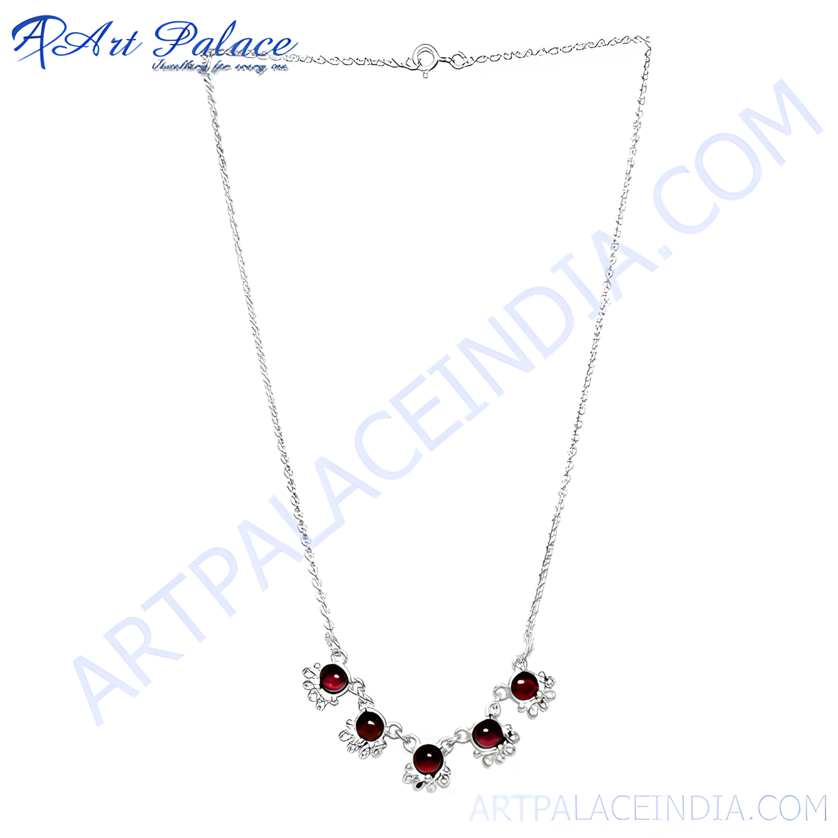 Sterling silver necklace with red garnet gemstones, elegant floral design