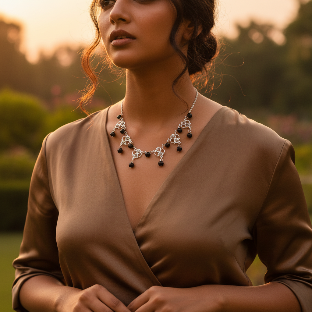 925 Silver Onyx Bead Necklace | Women's Elegant Jewelry