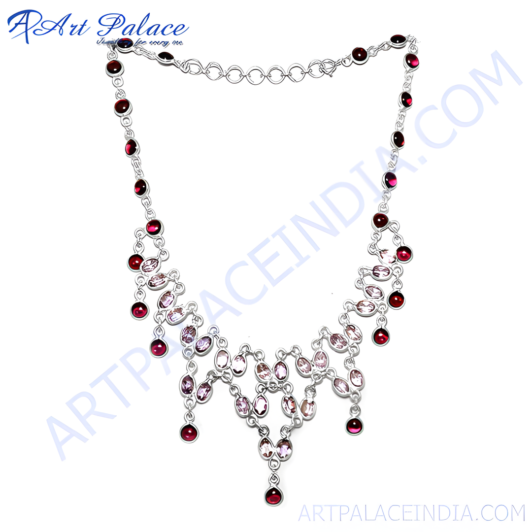 Sterling silver necklace with red and pink gemstones, a beautiful statement piece for women.