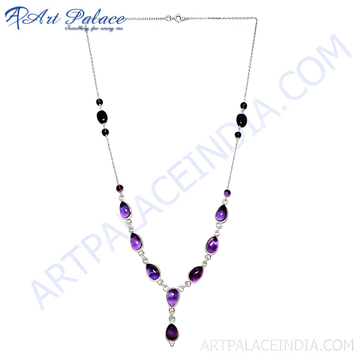 925 sterling silver chain necklace with teardrop shaped purple amethyst gemstones