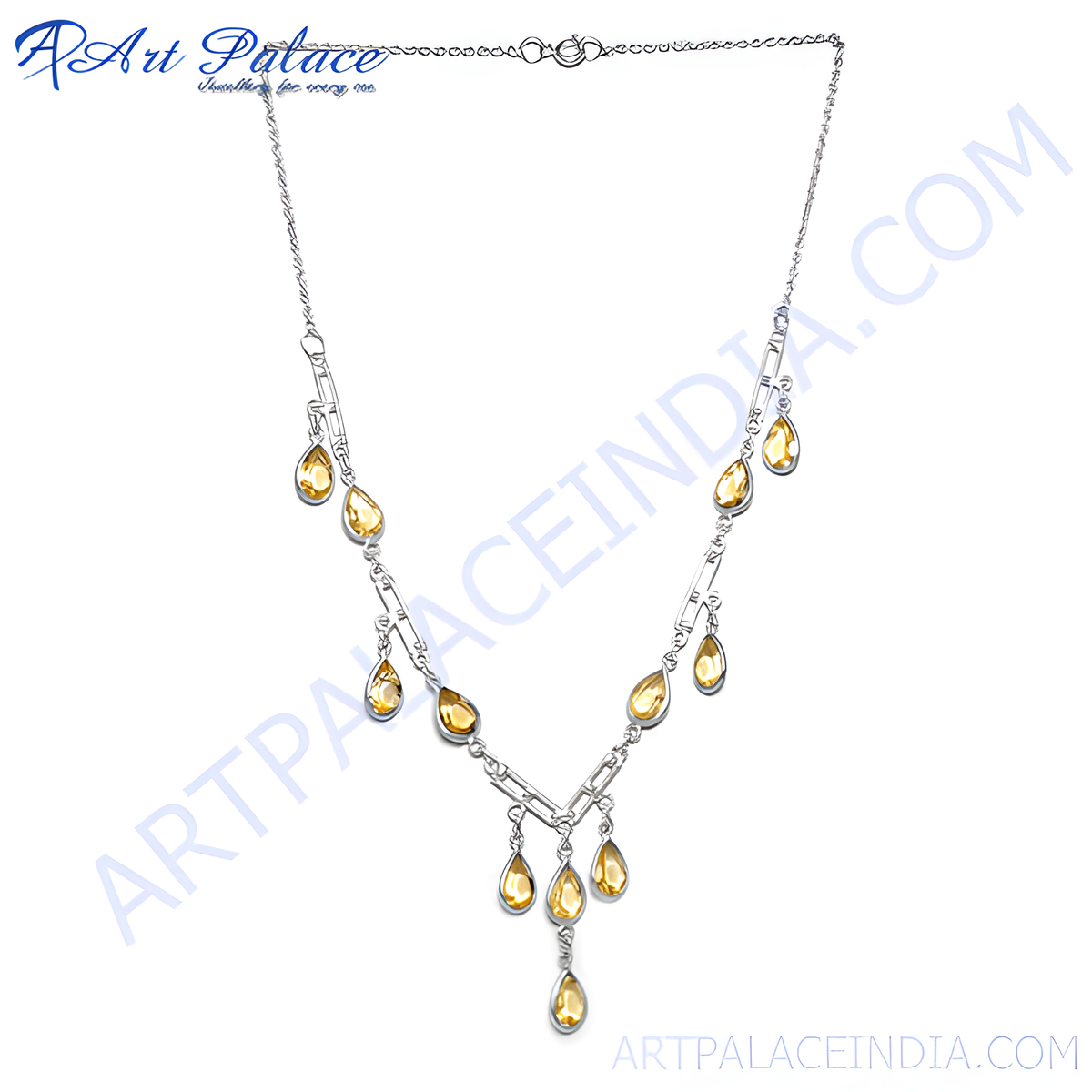 Sterling silver necklace with citrine teardrop gemstones, a beautiful yellow color, perfect for women