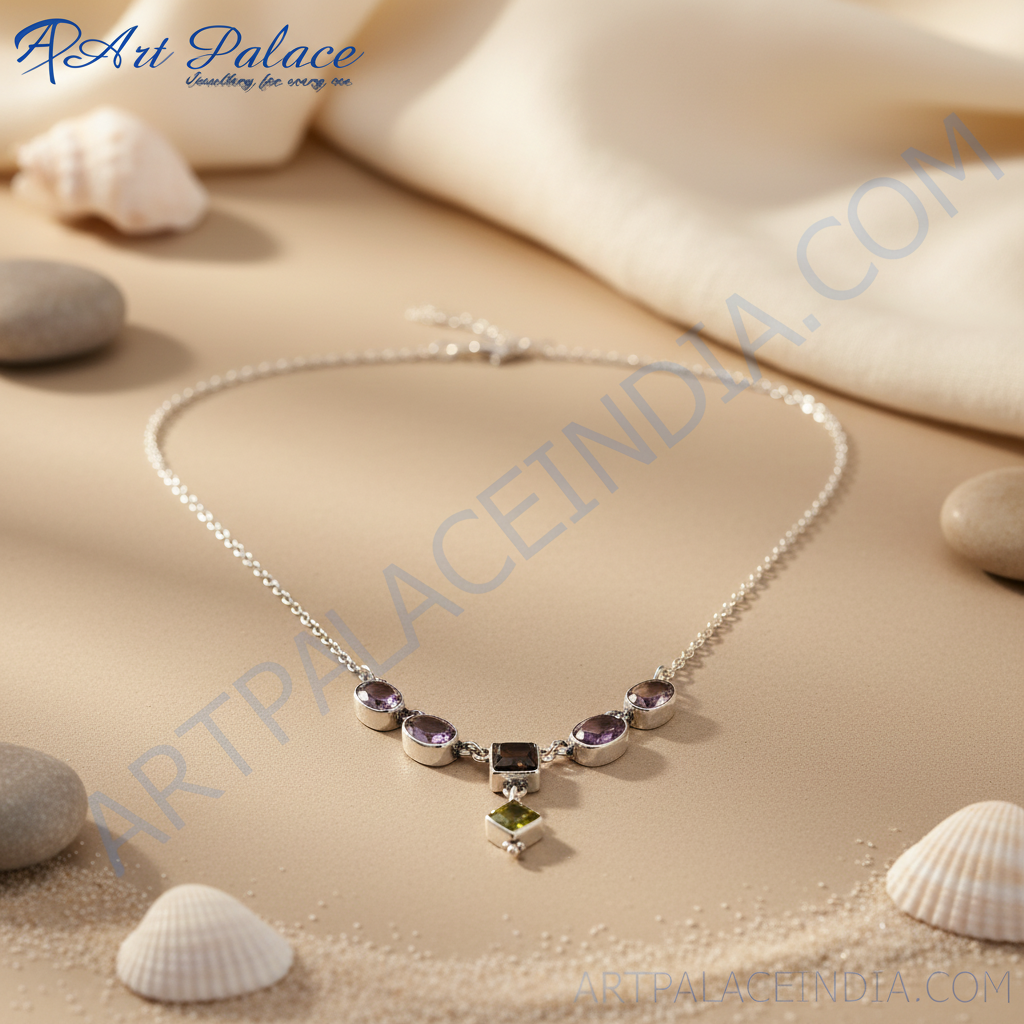 925 Silver Amethyst & Peridot Necklace for Women | Gemstone Jewelry