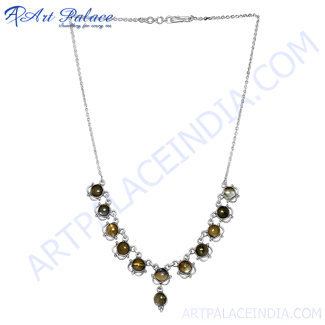 Sterling silver necklace with multiple smoky quartz gemstones arranged in a curve for women. 