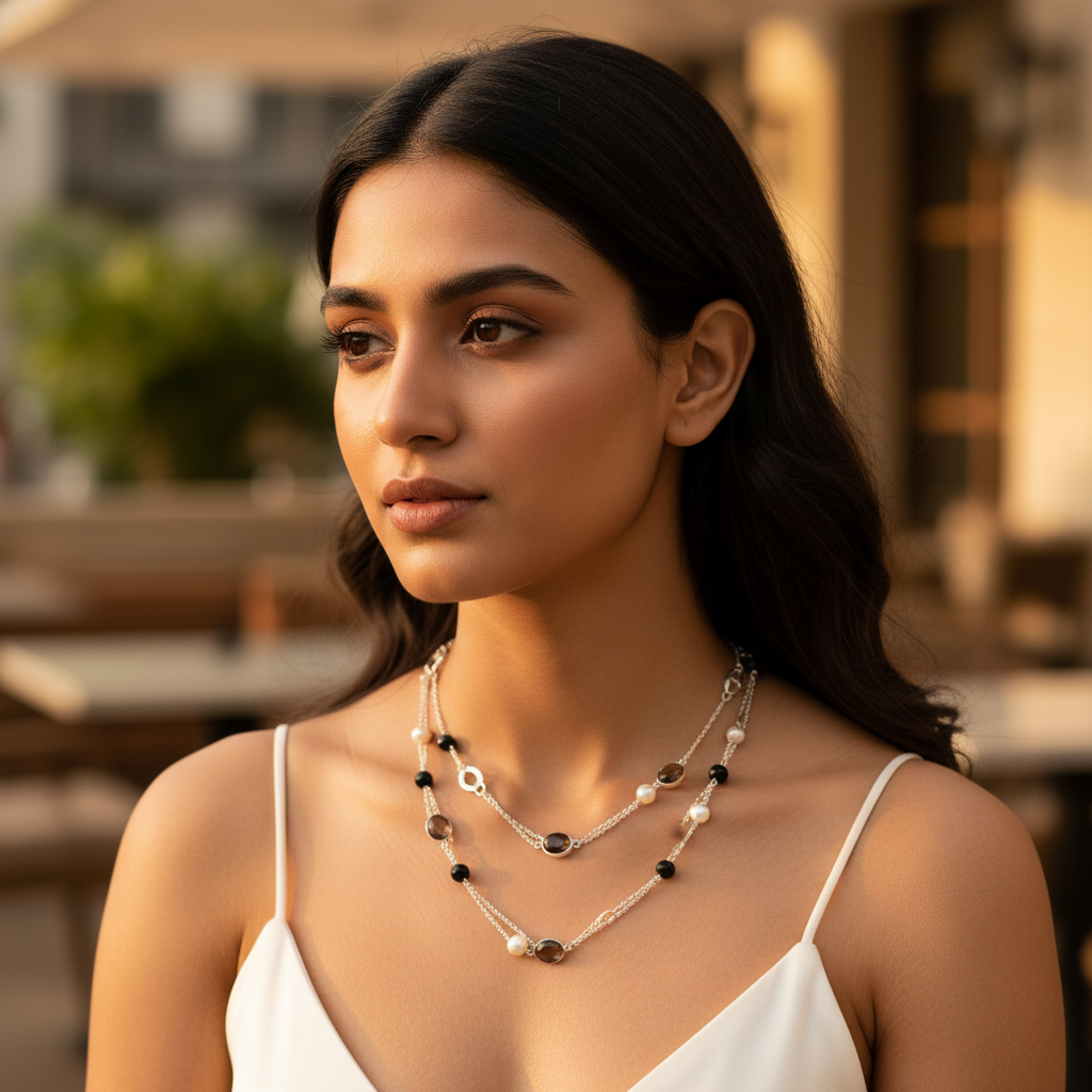 925 Silver Chain Necklace with Black & Pearl Beads | For Women