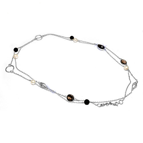 925 Silver Chain Necklace with Black & Pearl Beads | For Women