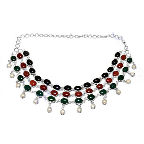 Silver Gemstone Necklace | Multi-Stone Choker for Women