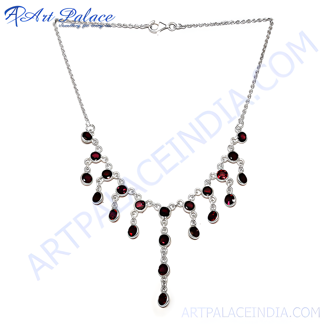 925 sterling silver necklace with oval-cut garnet gemstones. Red gemstones are set in a silver necklace for women.