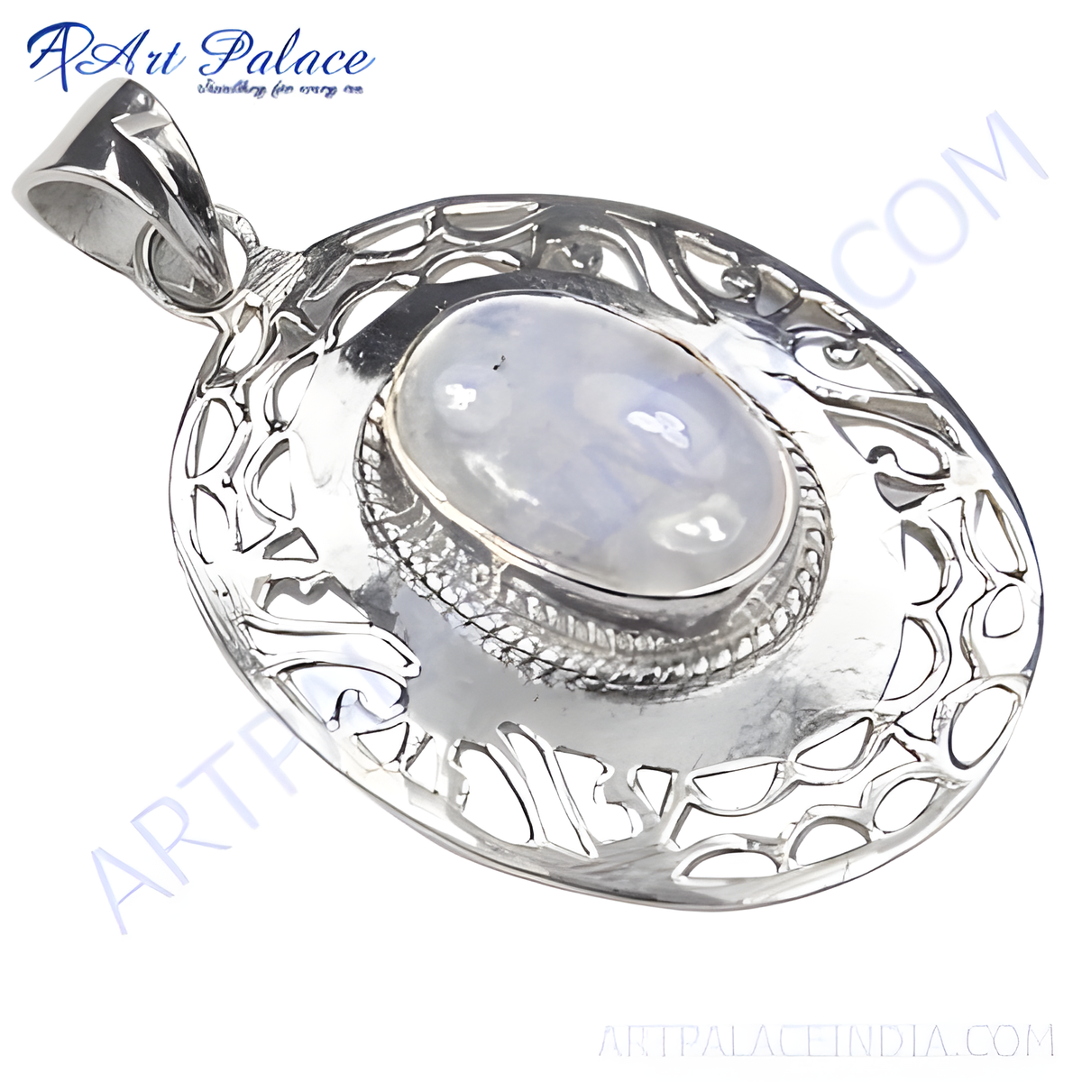 Sterling silver moonstone pendant, featuring an oval, light colored gemstone