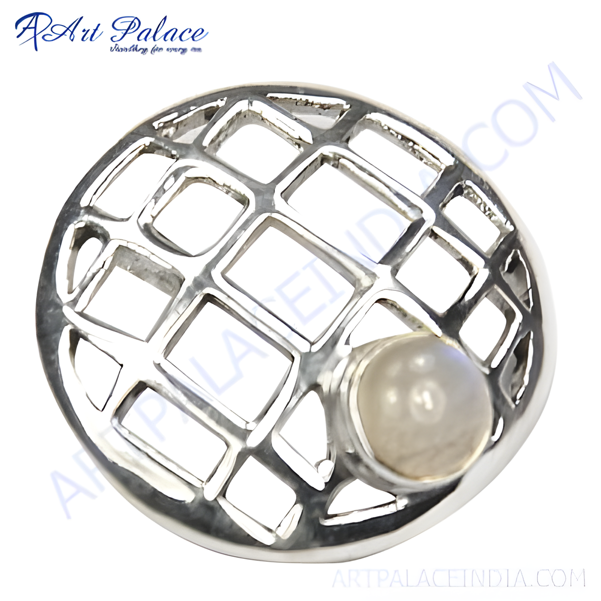 Sterling silver ring with a round moonstone set in a lattice design, perfect for women