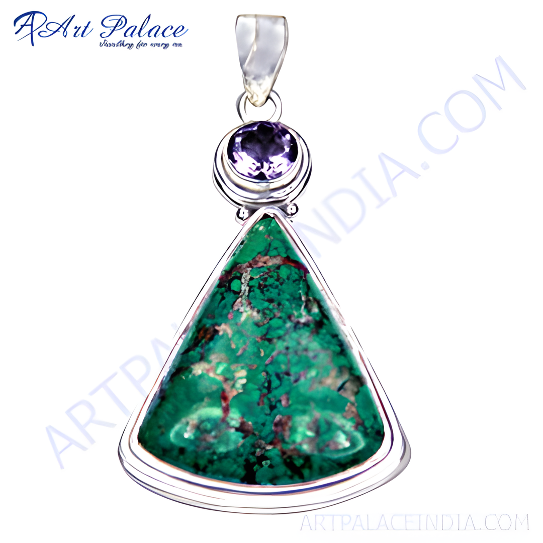 Sterling silver pendant featuring a triangular chrysocolla stone with a round amethyst accent.