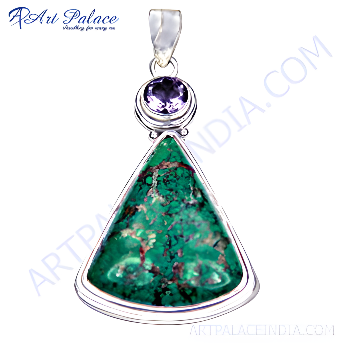 Sterling silver pendant featuring a triangular chrysocolla stone with a round amethyst accent