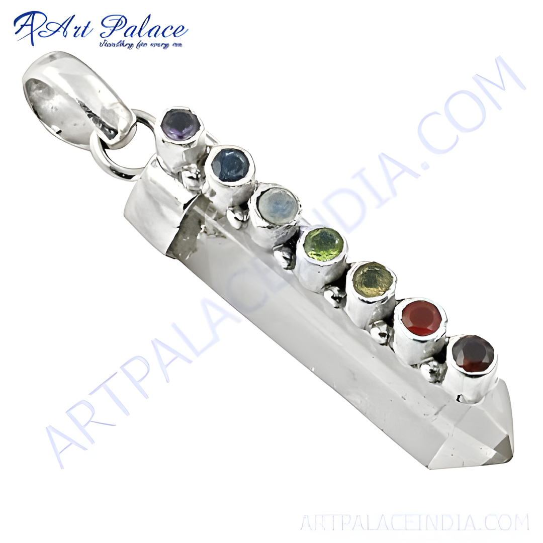 925 sterling silver chakra pendant with amethyst, blue sapphire, aquamarine, peridot, citrine, garnet, and black onyx gemstones.