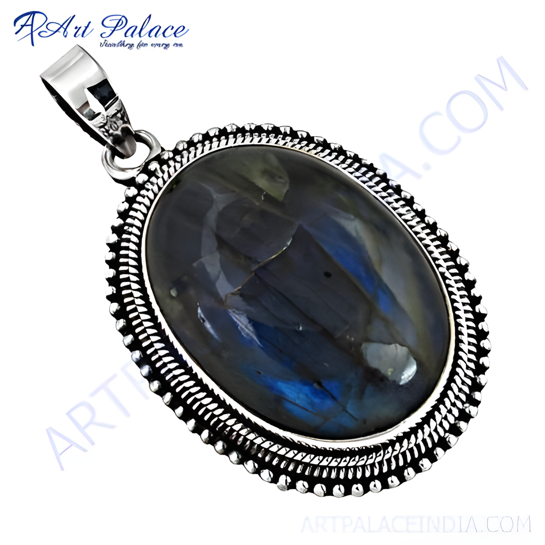 925 sterling silver oval labradorite pendant with blue and grey flashes of color.