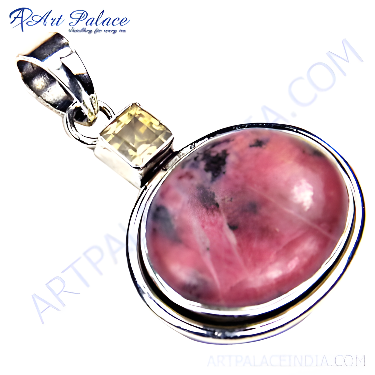 Sterling silver pendant featuring a large oval pink rhodochrosite gemstone and a small square yellow citrine