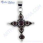 Load image into Gallery viewer, Sterling silver cross pendant necklace with garnet gemstones. Red gemstones on a white background.
