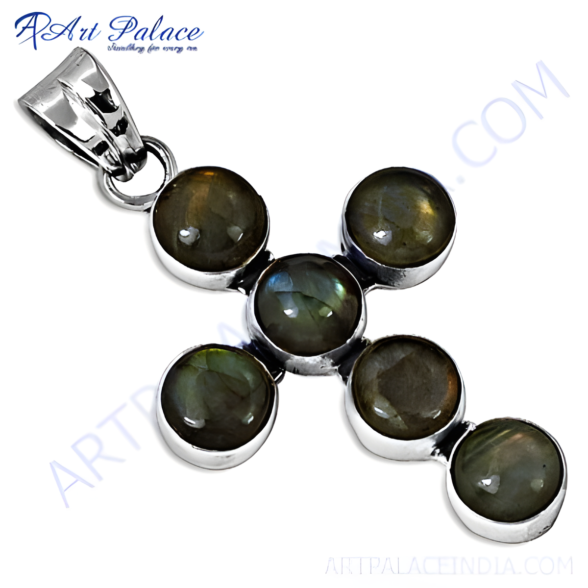 Sterling silver cross pendant with round labradorite gemstones