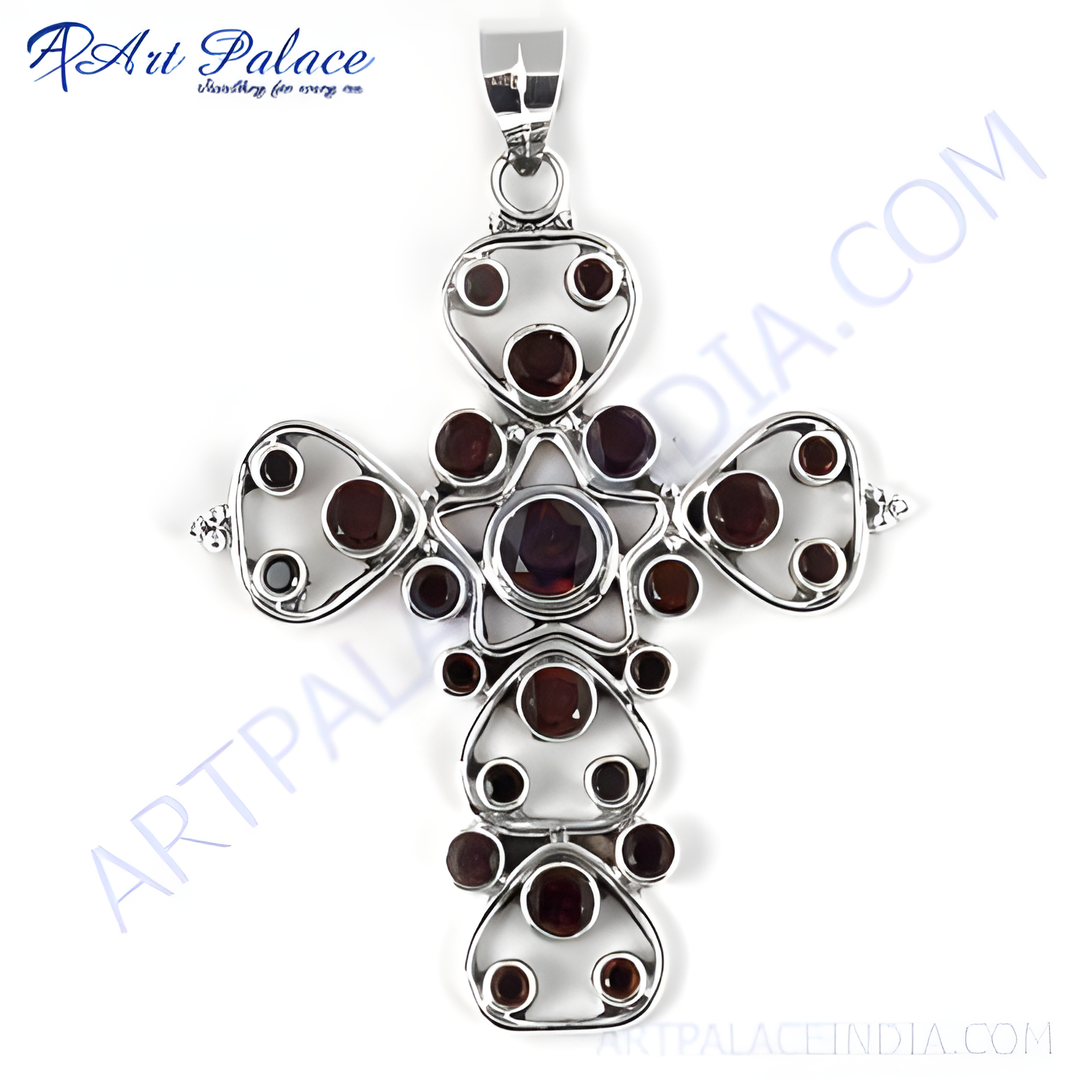 925 sterling silver cross pendant necklace with red garnet gemstones for women