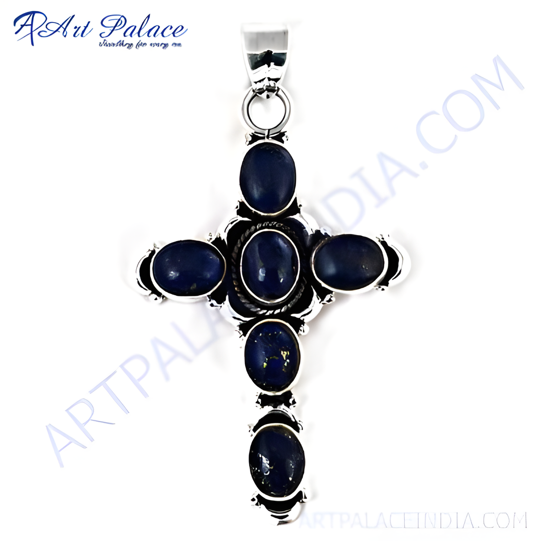 925 sterling silver cross pendant with oval-cut blue lapis lazuli gemstones.