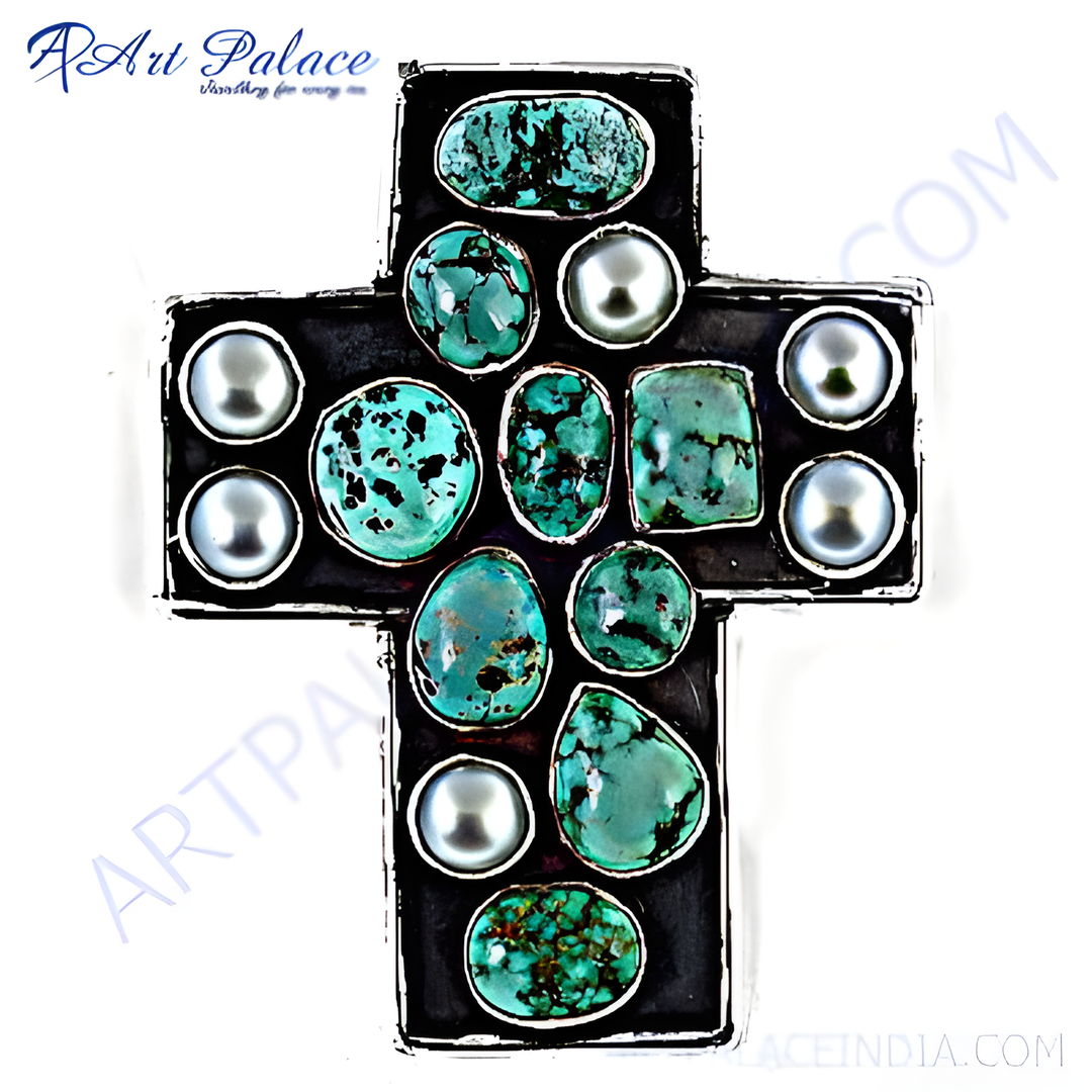 Sterling silver cross pendant with turquoise gemstones and pearl accents.