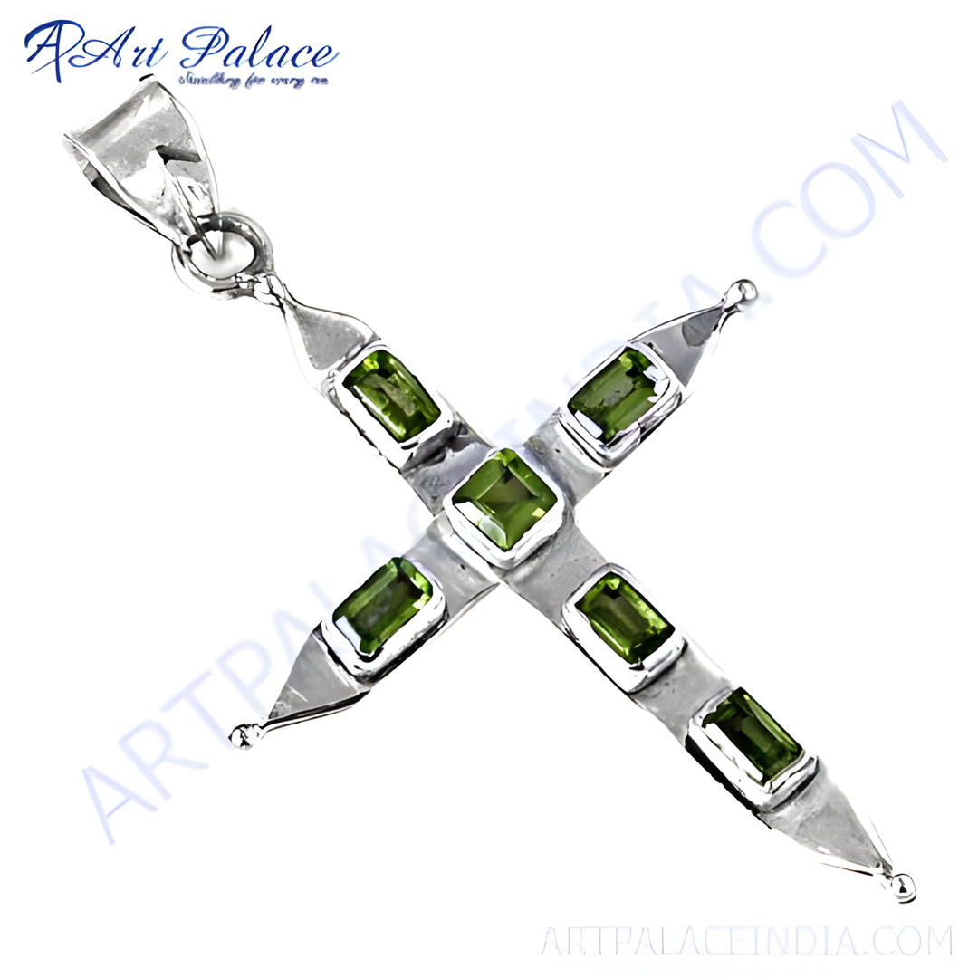 925 sterling silver cross pendant with emerald green peridot gemstones, perfect for women.