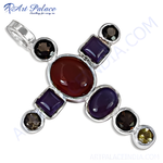 Load image into Gallery viewer, 925 sterling silver cross pendant with oval carnelian, square and oval amethyst, smoky quartz and peridot gemstones
