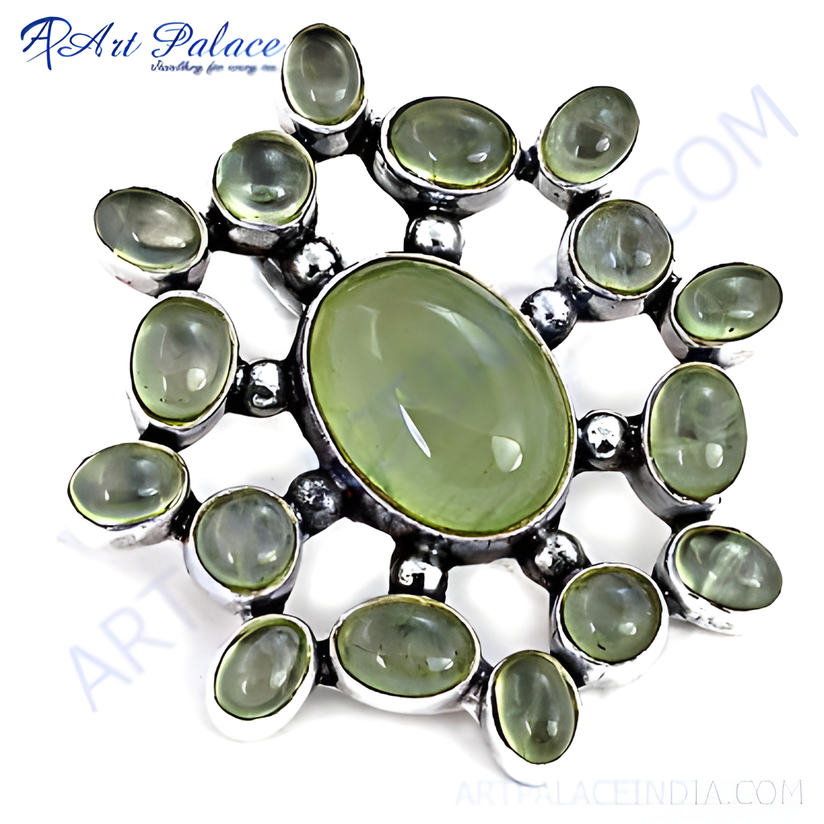 925 sterling silver ring with a large oval prehnite gemstone and a halo of smaller prehnite stones