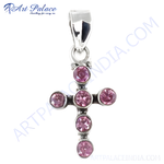 Load image into Gallery viewer, 925 sterling silver cross pendant with pink gemstones, a beautiful piece for women.
