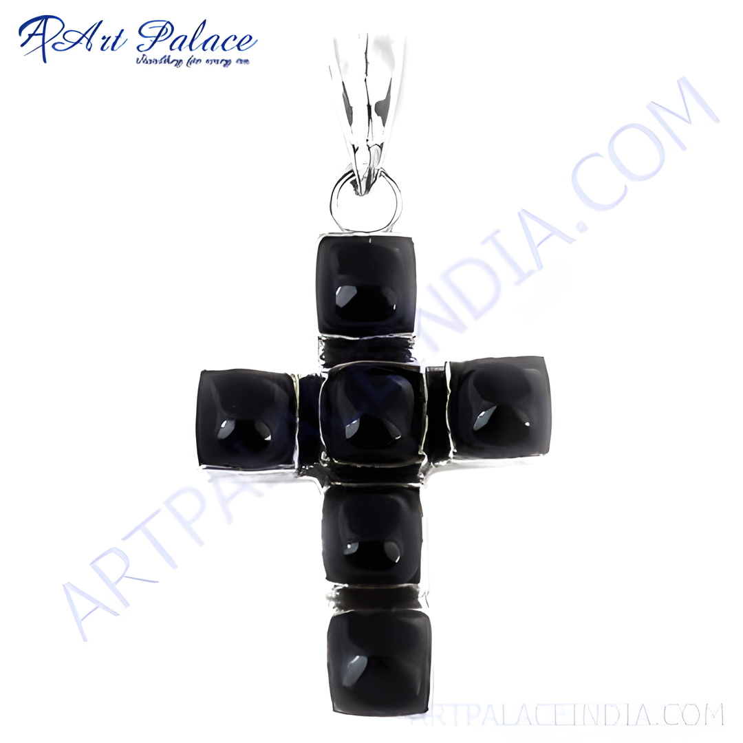 Sterling silver cross pendant necklace with polished black onyx gemstones.