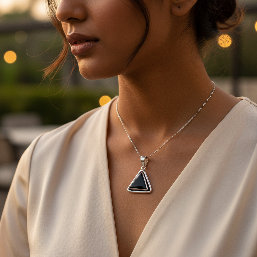 925 Silver Onyx Triangle Pendant Necklace | Women's Jewelry Gift