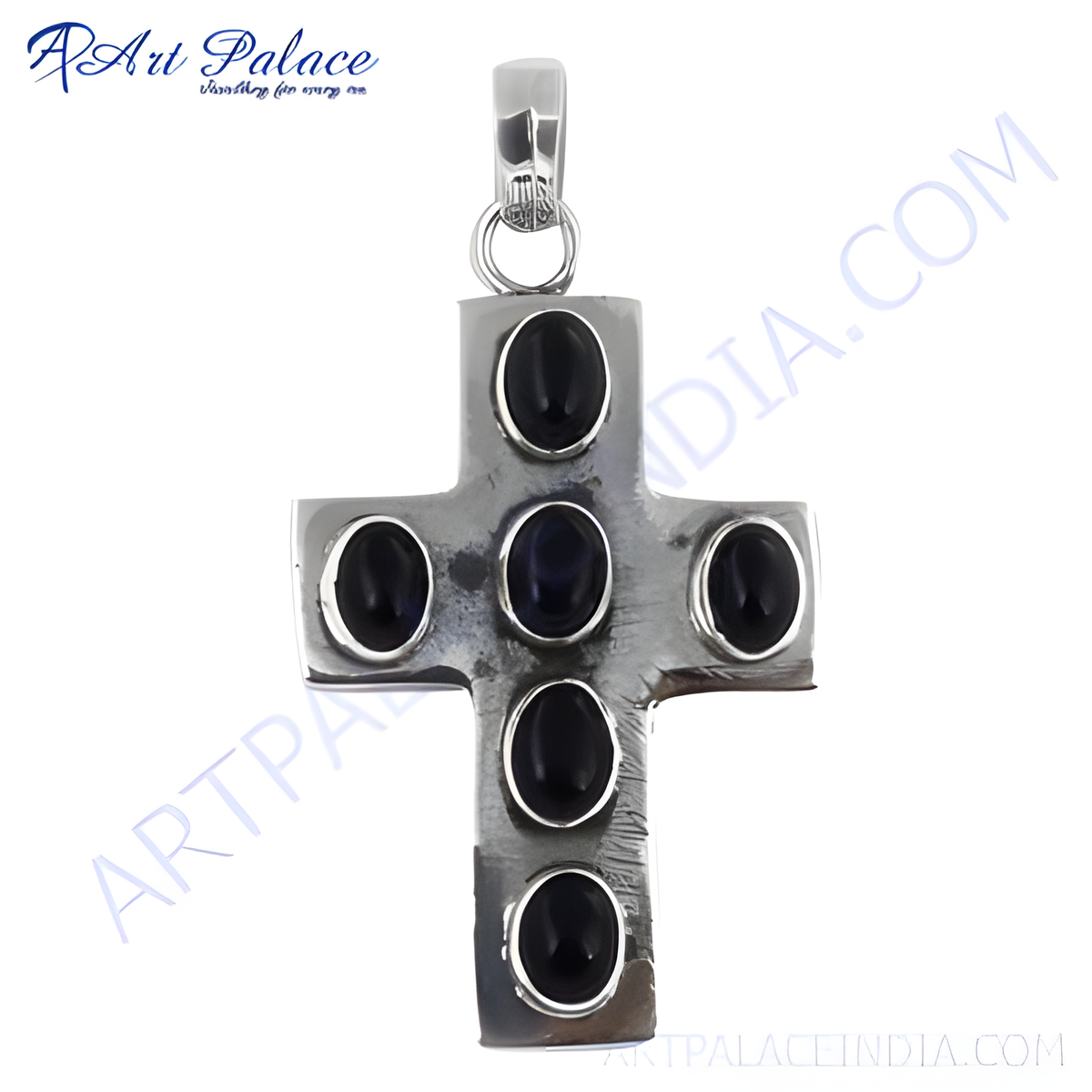 Sterling silver cross pendant with oval cut black onyx gemstones, perfect for men and women
