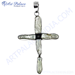 Load image into Gallery viewer, Sterling silver cross pendant necklace with natural pearl accents, white background, elegant religious jewelry
