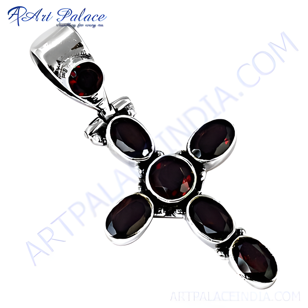 925 sterling silver cross pendant necklace with oval-cut garnet gemstones in a cross pattern.