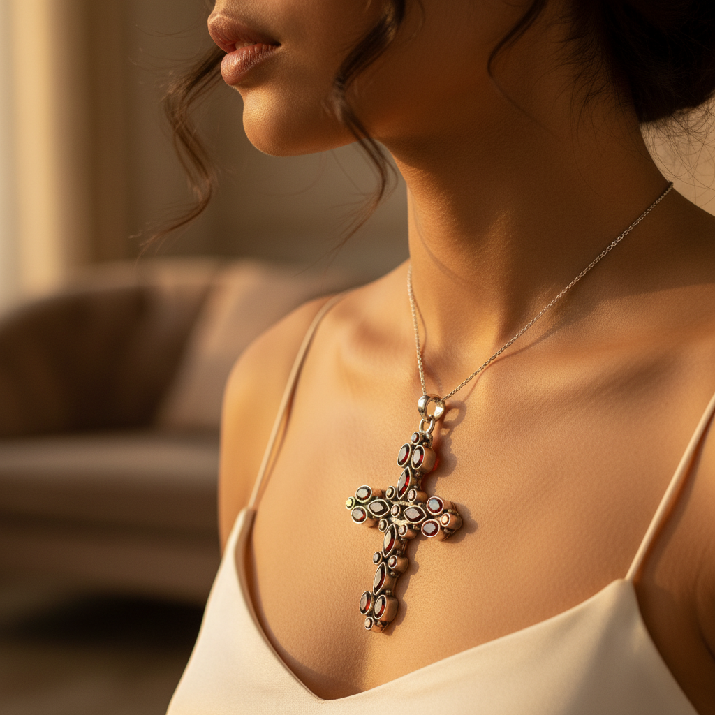925 Sterling Silver Garnet Cross Pendant Necklace for Women