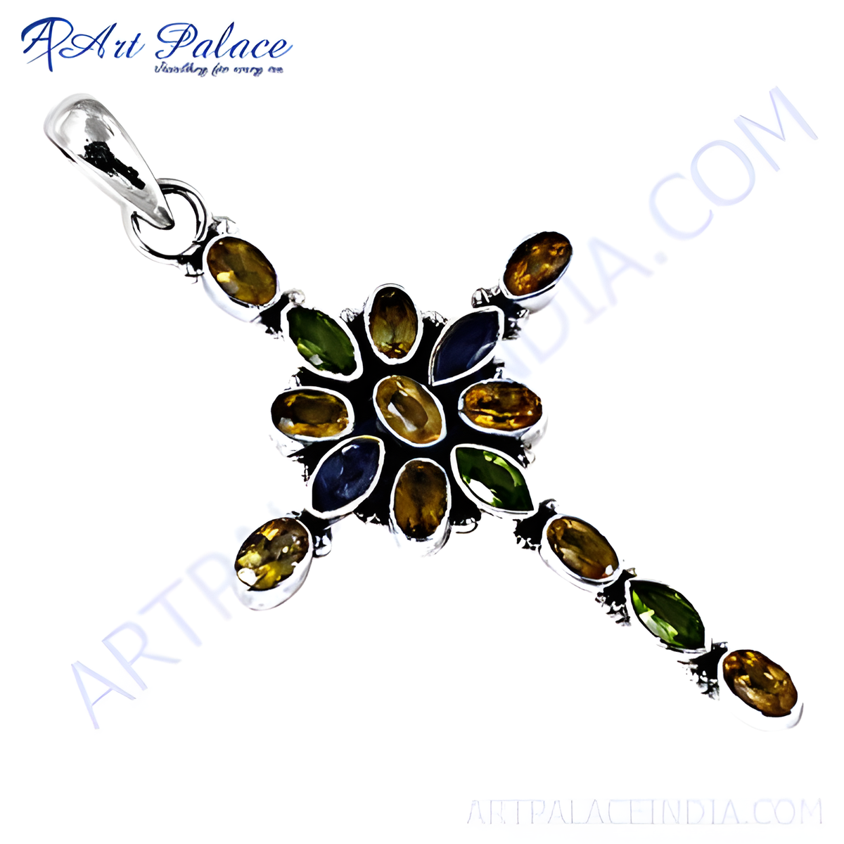 925 sterling silver cross pendant with multi colored gemstones; a beautiful and colorful pendant