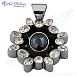 Load image into Gallery viewer, Oxidized silver pendant with a central black onyx gemstone and surrounding cubic zirconia.
