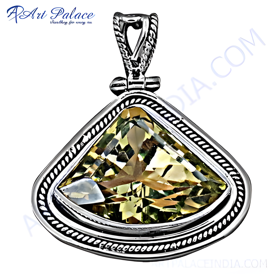 Sterling silver triangle pendant with citrine gemstone center, gold plating color.