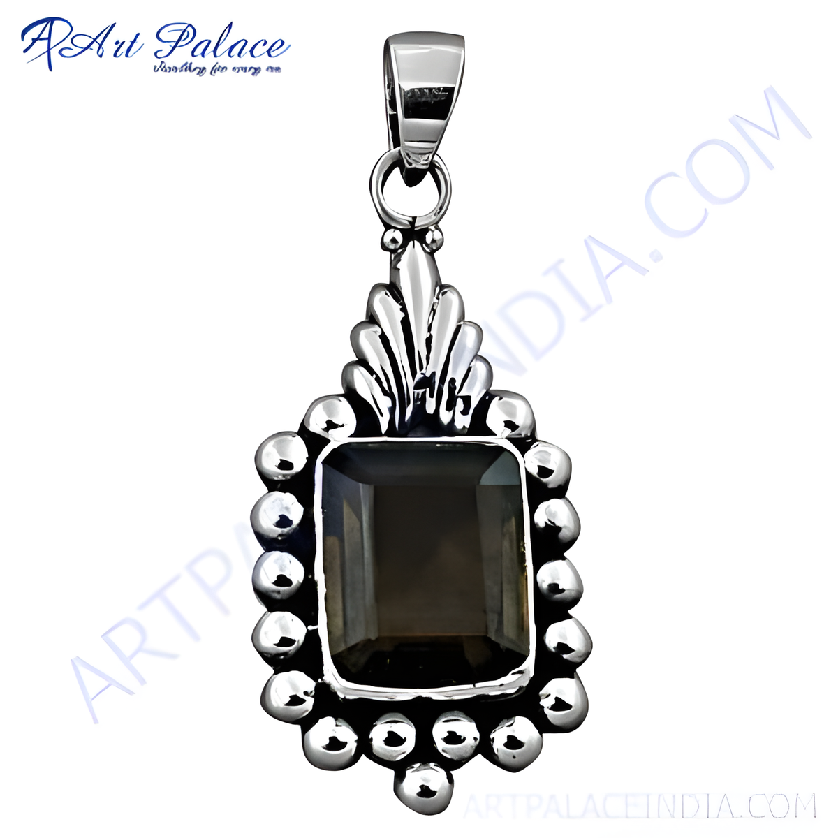 925 sterling silver pendant with rectangular smoky quartz gemstone, silver bead detailing, and a high shine finish
