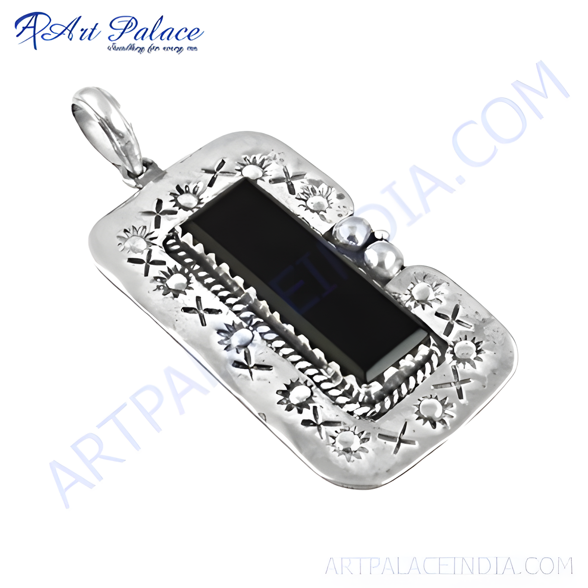 Sterling silver pendant with a black onyx gemstone center and intricate design detailing