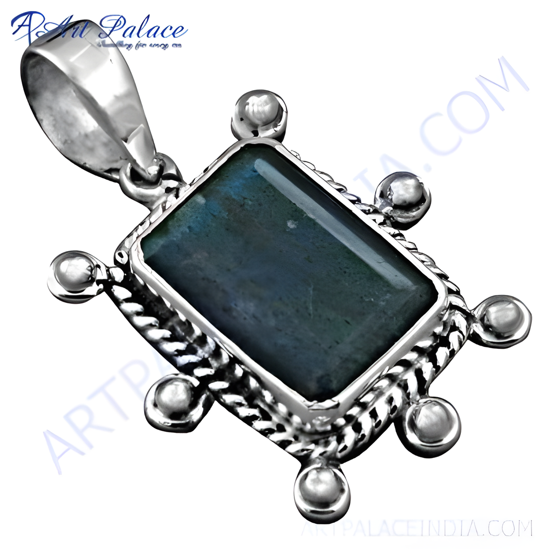 925 sterling silver labradorite pendant with a rectangular blue-green gemstone center